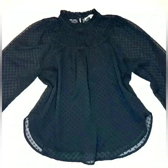 LOFT Tops - Loft Womens Flocked Dot Ruffle Neck Blouse Size XS Black